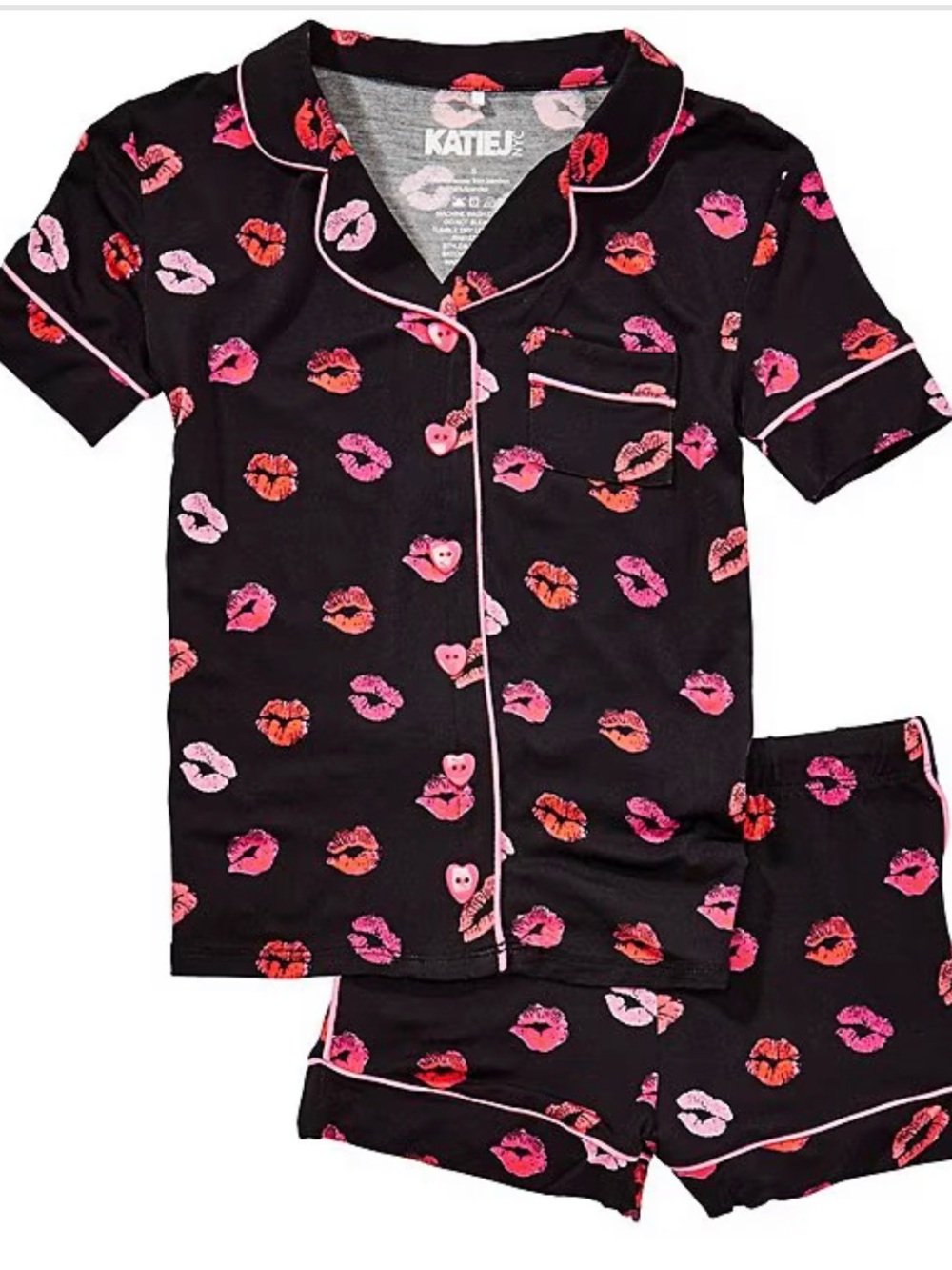 Katie J NYC Black Short Sleeve PJ Set with Pink & Red Lip Print in Junior Sizing